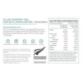 Pure Fluid Energy Gel Kola Nut & Lemon Juice with 30mg Caffeine 50g Box of 18