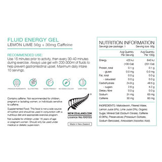 Pure Fluid Energy Gel Lemon Lime with 30mg Caffeine 50g Box of 18